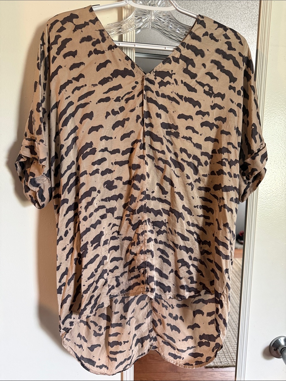 CAbi Taupe and Black Abstract Animal-Print Blouse